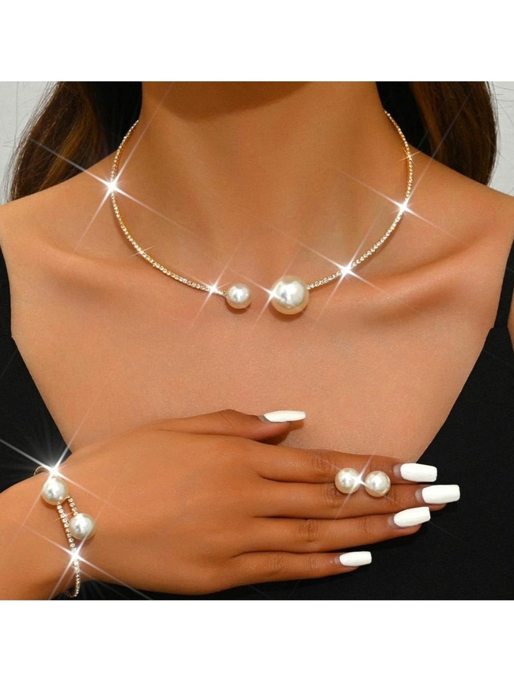 Classic Gold Pearl Choker Necklace and Ring Set - White Pearls